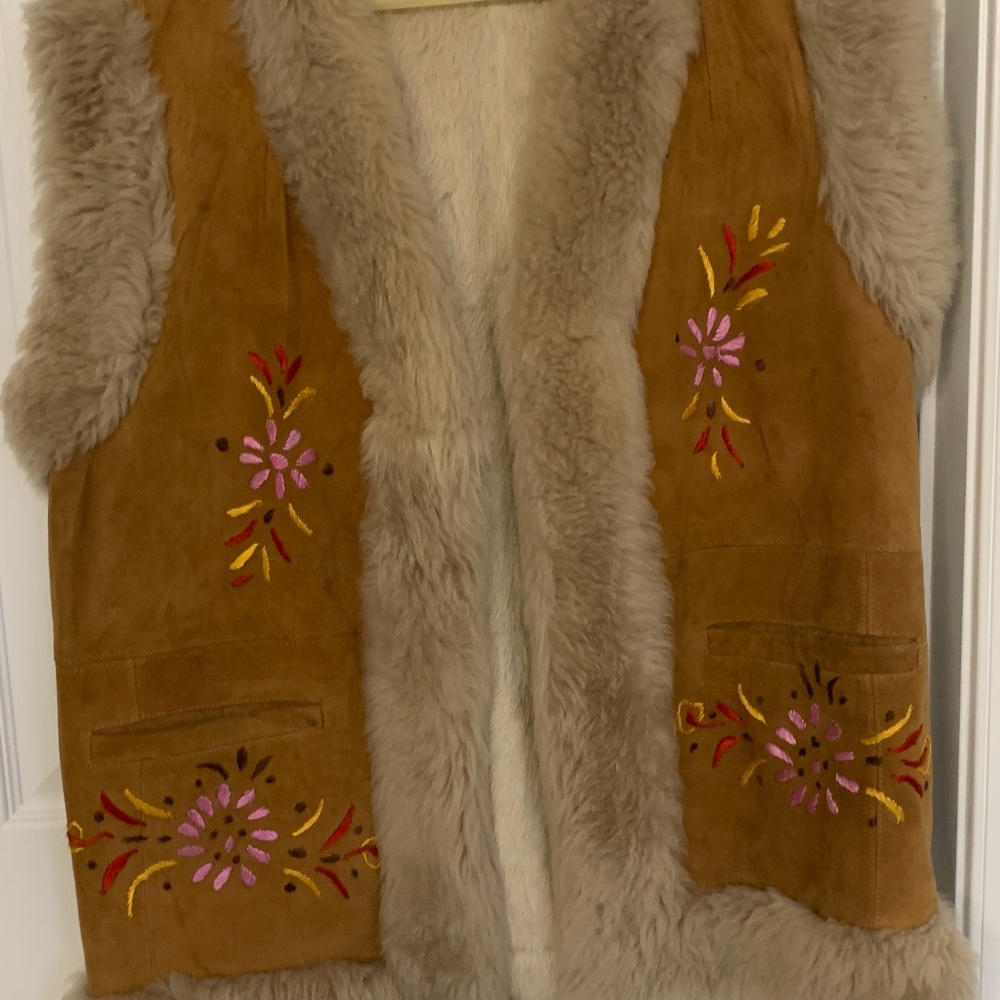 Vintage 90s, Hand-Embroidered Pakistani Suede Leather Vest w/ Fur Trim & Lining